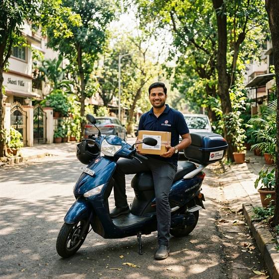 A delegate runner on a scooter holding a parcel on a leafy Bengaluru street